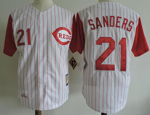 Mitchell And Ness 1997 Reds #21 Reggie Sanders White Strip Throwback Stitched MLB Jersey